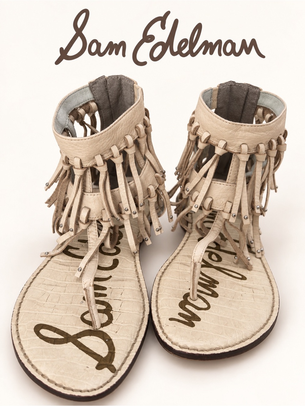 Sam Edelman Griffen Ivory Leather Fringe Gladiator Caged Flat SZ 11